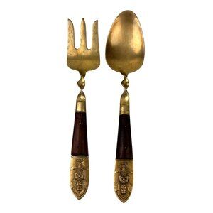 MCM Siam Gold Tone Serving Fork & Spoon Wood Handle Twist Buddha Unique Vintage